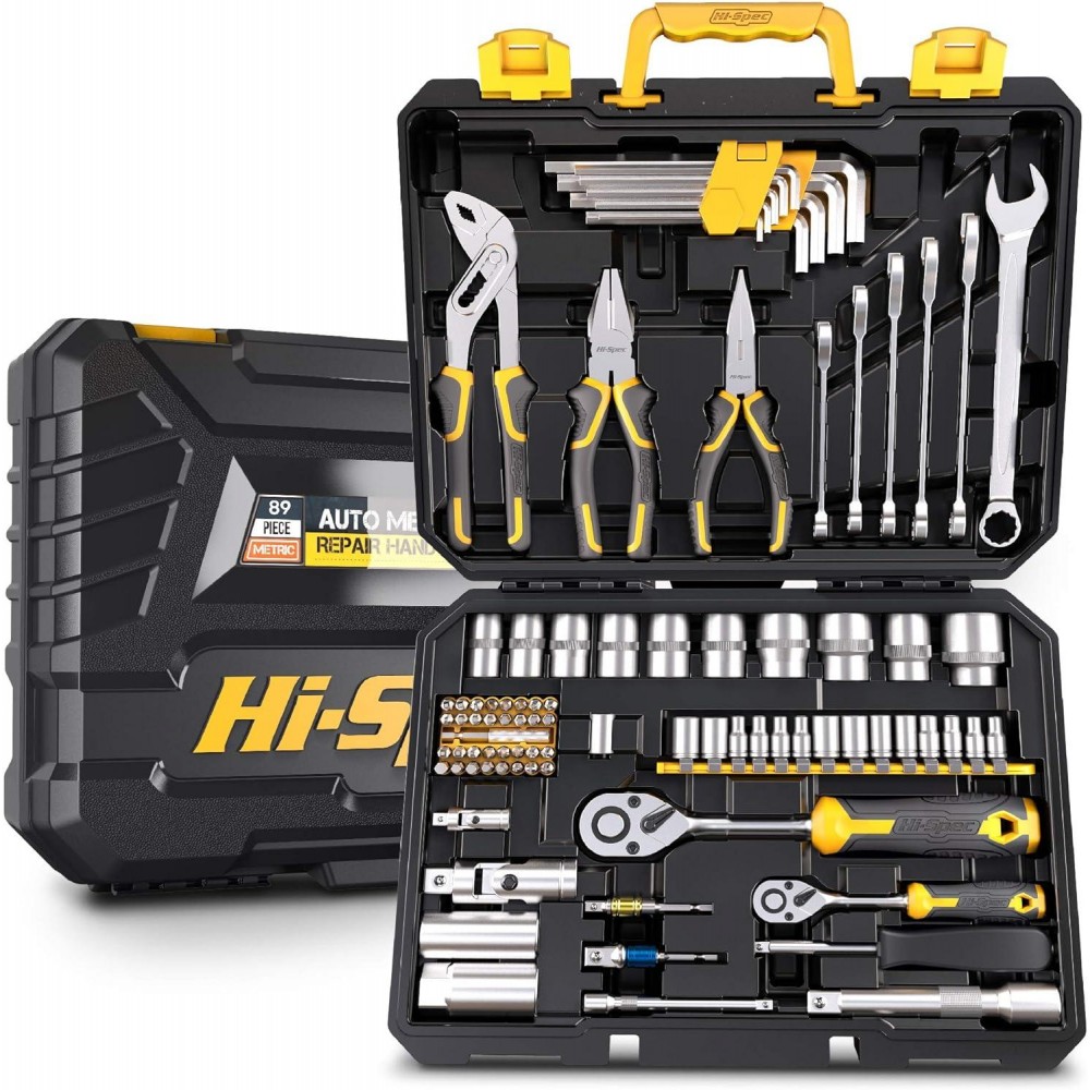 Hi-Spec 89 Pc Mechanic Tool Set with Motorcycle and Car Tools. Includes Hand Tool Kit, Screwdriver and Socket Set, Allen Key, Ratchet and Adjustable Wrench in a Plastic Storage Tool Box