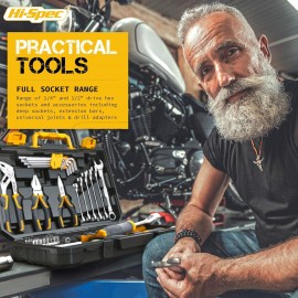 Hi-Spec 89 Pc Mechanic Tool Set with Motorcycle and Car Tools. Includes Hand Tool Kit, Screwdriver and Socket Set, Allen Key, Ratchet and Adjustable Wrench in a Plastic Storage Tool Box