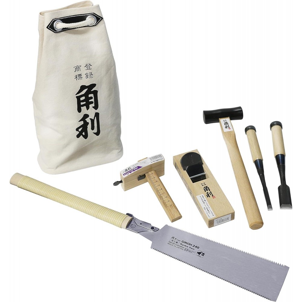 KAKURI KAKURI Japanese Woodworking Hand Tools Set for Beginner 7 Pcs (Japanese Plane, Chisels, Saw, Hammer, Marking Gauge, Bag) Made in JAPAN