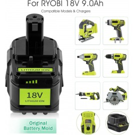 Aokicase 72 Wh / 4.0 Ah Lithium Replacement Battery for Ryobi, 18 V Battery Compatible with Ryobi P102 P103 P104 P105 P107 P108 P109 Cordless Power Tools (9000 mAh) Pack of 2