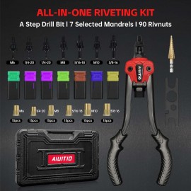 AIUITIO Rivet Nut Tool with a Step Drill Bit & 90 Nutserts Kit, 13 Heavy Duty Rivnut Tool Kit with 7 SAE & Metric Mandrels, Hand Threaded Riveter Tool Setter in Organized Carrying Case