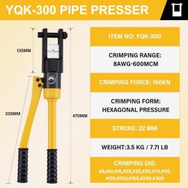 TEENO Hydraulic Crimping Tool 16T Hydraulic Cable Lug Crimper 9AWG to 600MCM Hydraulic Hand Crimper Tool Electrical Terminal Cable Wire Tool Kit with 13 Die