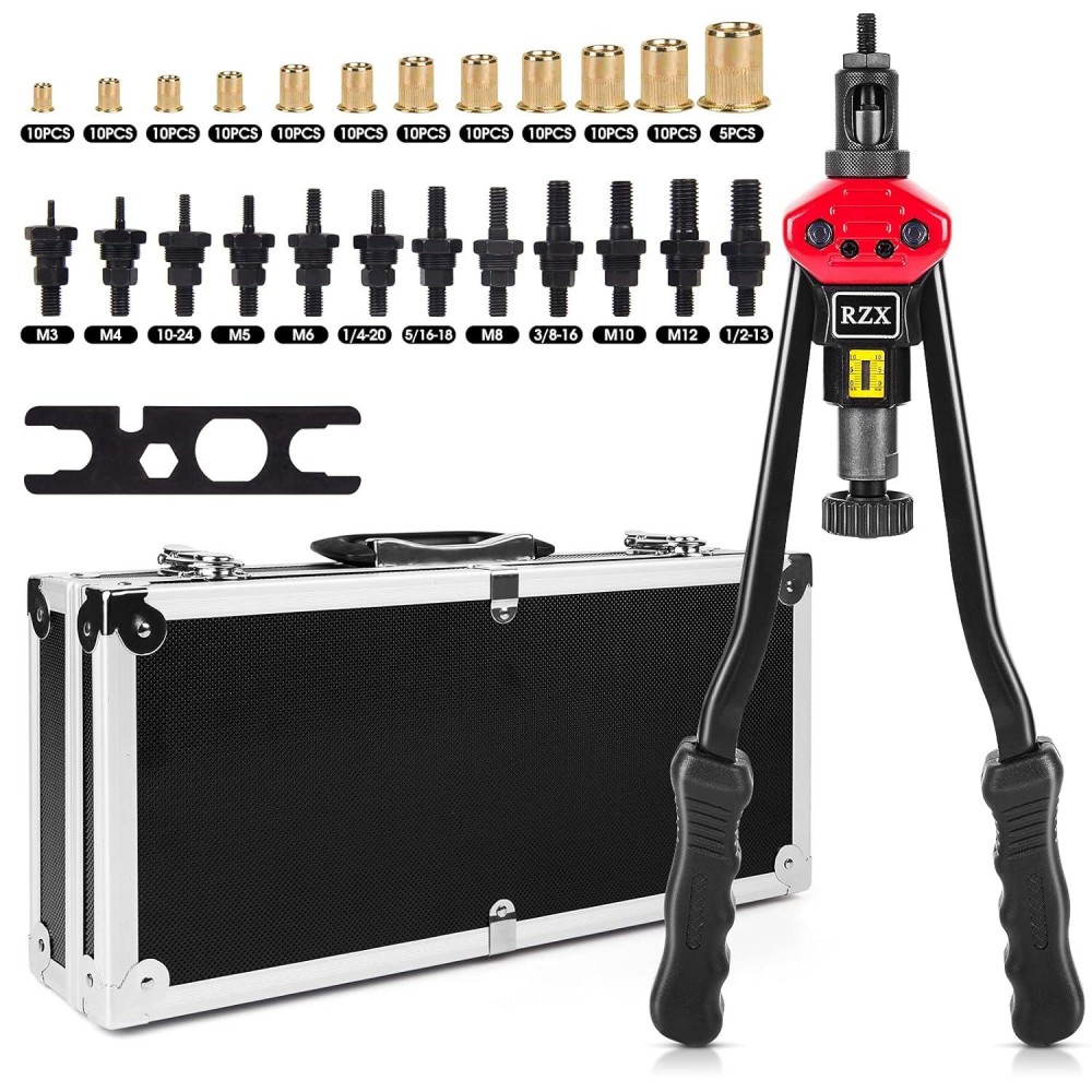 RZX 16 Rivet Nut Tool, Professional Rivet Nut Tool Setter Kit Including 12 Metric and SAE Mandrels, 115Pcs Assorted Rivet Nuts, Effortless Design, aluminum Carrying Case