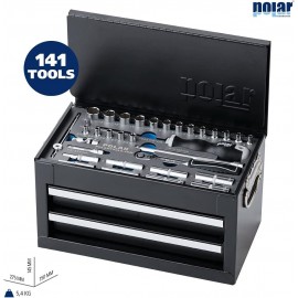 Polar Premium Tool-Box with 141 Tools I Tool-Set in Metal Box with Magnetic bitholder Screwdriver, sockets, Ratchet, Adjustable Wrench, Pliers, bits & More I Suitable for Mechanics & homeworkers