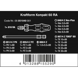Wera Kraftform Kompakt 60 Ratchet Screwdriver & Bit Set, 17pc, 05051040001 & Compact Tool Set Kraftform 20 with Pouch, SL/PH/PZ, 7 Pieces