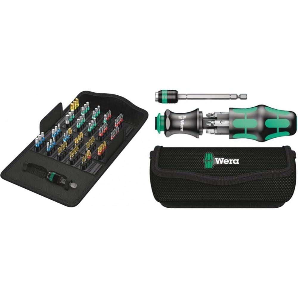 Wera Bit-Safe 61 BiTorsion 1 Comprehensive Torsion Bits and Holder Set in Pouch (for Drill/Drivers) 61 Piece, 05057441001 & Compact Tool Set Kraftform 20 with Pouch, SL/PH/PZ, 7 Pieces