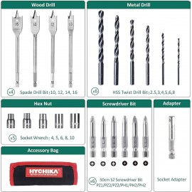 HYCHIKA Electric Drill Screwdriver Set, Cordless Drill 2 Speed 35N·m and 21+1 Torque Setting for Screwing and Drilling, with 2,0Ah Battery and Charger, 22pcs Accessories and Hold-All Bag