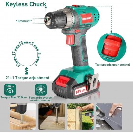 HYCHIKA Electric Drill Screwdriver Set, Cordless Drill 2 Speed 35N·m and 21+1 Torque Setting for Screwing and Drilling, with 2,0Ah Battery and Charger, 22pcs Accessories and Hold-All Bag