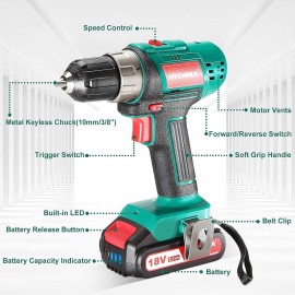 HYCHIKA Electric Drill Screwdriver Set, Cordless Drill 2 Speed 35N·m and 21+1 Torque Setting for Screwing and Drilling, with 2,0Ah Battery and Charger, 22pcs Accessories and Hold-All Bag