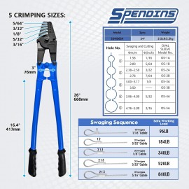 SPENDINS 24 Inch Hand Swaging Cutting Tool, Wire Rope Crimping Tool for 1/16 3/32 1/8 5/32 3/16 Wires, 2-in-1 Crimper and Cutter, Swager Crimper for Copper Aluminum Oval Sleeve and Stop Sleeve