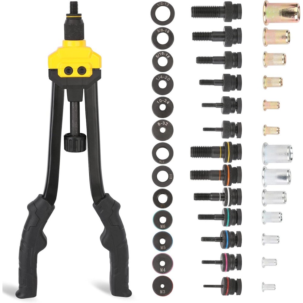 HURRICANE 16” Rivet Nut Tool, Hand Rivet Nut Tool with 13 Metric and SAE Mandrels, 130Pcs Threaded Rivet Nuts, Auto Release Nutsert Rivnut Tool, Durable Riveter Nutsert Hand Tool, Sturdy Plastic Case