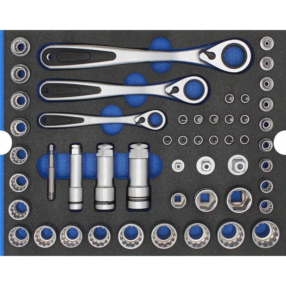 WGB Das Werkzeug Socket Spanner Set with Ratchet and sockets 47 Pieces in Tool Foam Insert | 1/4 + 3/8 + 1/2 Set Module 6510