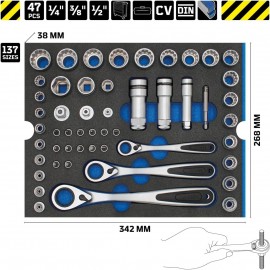 WGB Das Werkzeug Socket Spanner Set with Ratchet and sockets 47 Pieces in Tool Foam Insert | 1/4 + 3/8 + 1/2 Set Module 6510