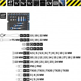 WGB Das Werkzeug Socket Spanner Set with Ratchet and sockets 47 Pieces in Tool Foam Insert | 1/4 + 3/8 + 1/2 Set Module 6510