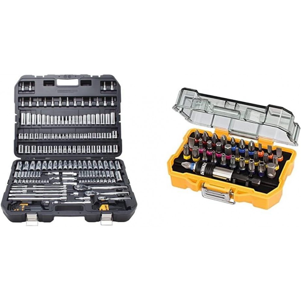 DEWALT Mechanics Tool Set, SAE and Metric, 1/2, 1/4, 3/8 Drive Sizes, 192-Piece (DWMT75049) & DT7969-QZ, 32 Piece XR Professional Magnetic Screwdriver Bit Accessory Set, Yellow