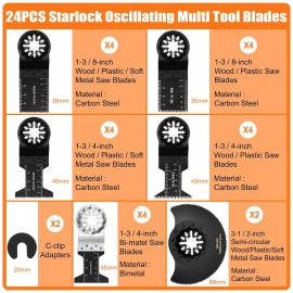 Starlock Oscillating Blades,24Pcs Multi Tool Saw Blades Set,Universal Starlock Blade Wood,Metal Quick Release Multi-Tool Blade Compatible with Bosch,Fein,Makita Oscillating Multitool Accessories