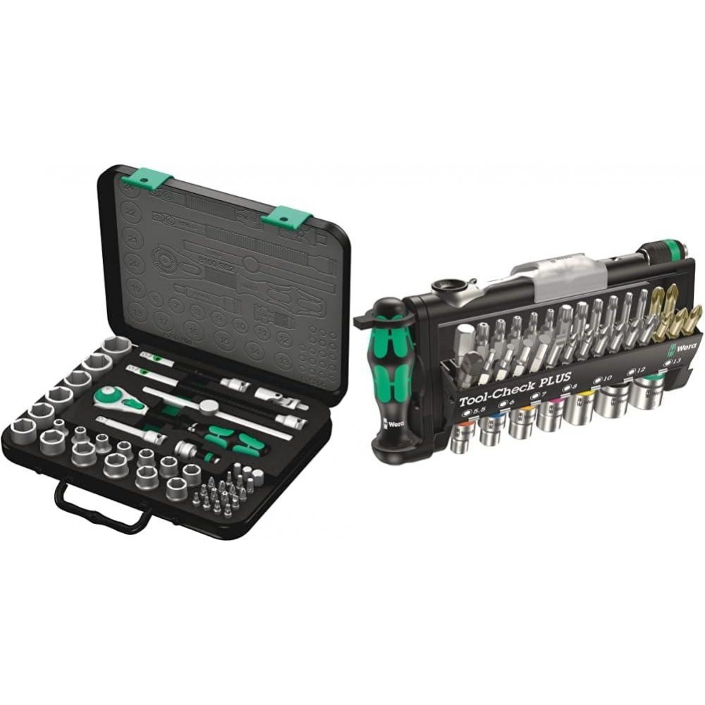 Wera 8100 SB 2 Zyklop Speed Ratchet, Sockets, Bits and Accessories Set, 3/8 Drive, 43PC, 05003594001 & Tool-Check Plus Mini Bit Ratchet, Socket, Screwdriver & Bit Set, 39pc, 05056490001