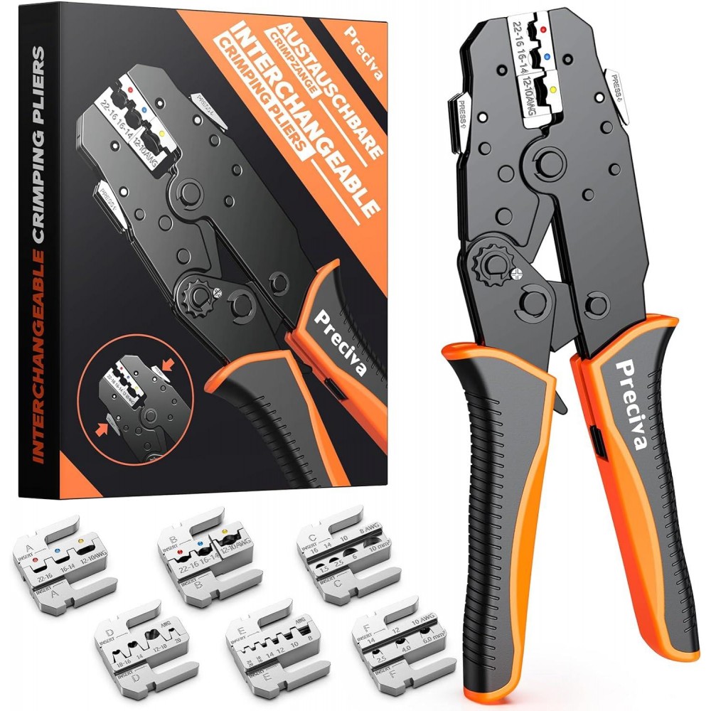 Crimping Tool Set, Preciva Ratchet Cable Crimp Plier Tool Kit, Electrical Terminal Cable Crimper with 6 Heads for Quick Change, Heat Shrink/Insulated/Bare/Ferrules/Spade Crimp/Solar Energy Terminals