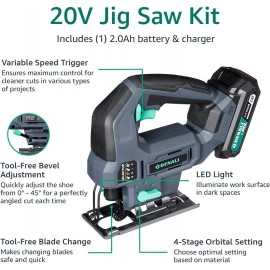 - Denali by SKIL 18 V (20 V Max) Jig Saw Kit, Includes 2.0 Ah Lithium Battery and Charger, Blue