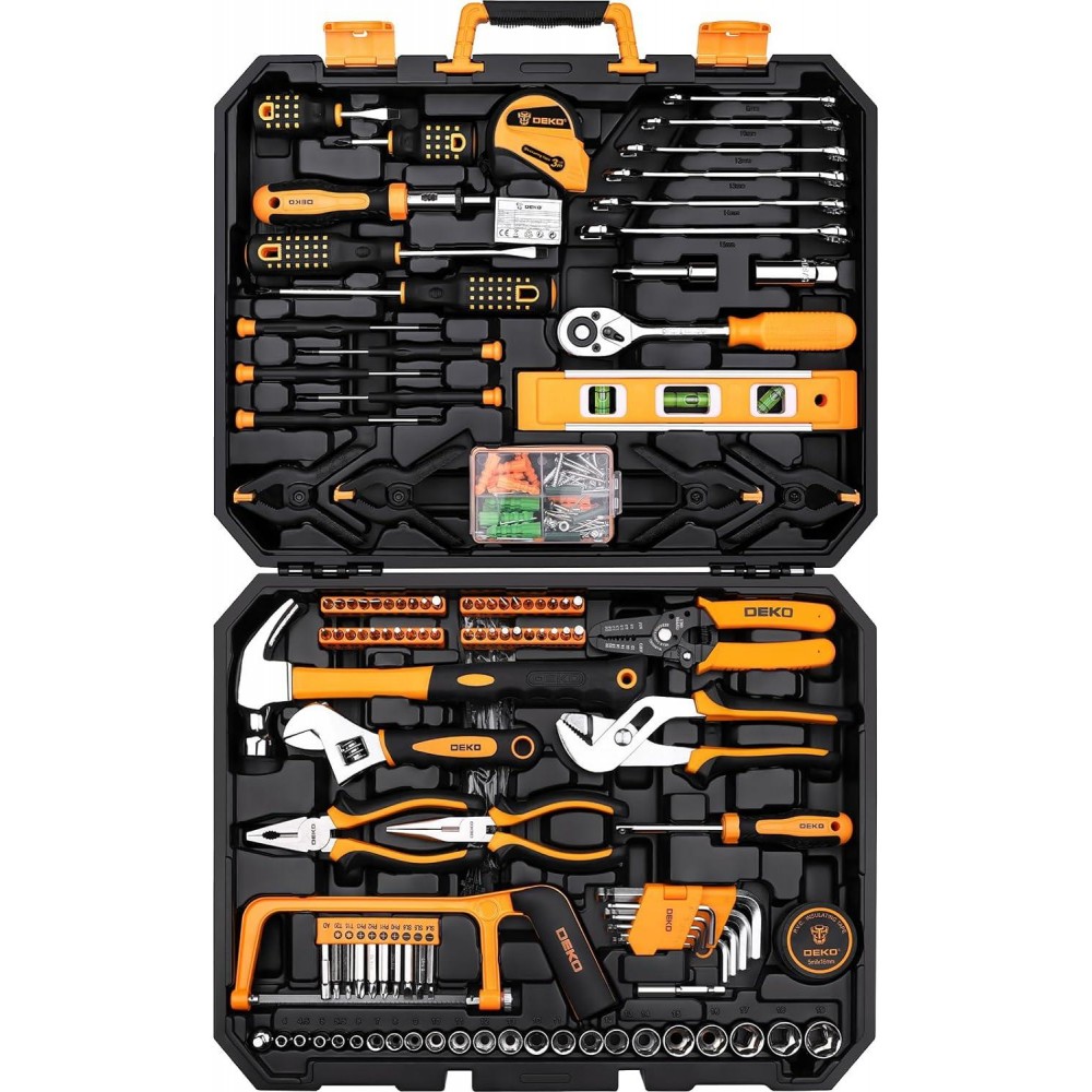 DEKO 228 Piece Socket Wrench Auto Repair Tool Combination Package Mixed Tool Set Hand Tool Kit with Plastic Toolbox Storage Case