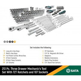 SATA 213-Piece 1/4-Inch, 3/8-Inch, 1/2-Inch Drive Three Drawer Mechanic's Tool Set with 72T Ratchets and 107 Sockets- ST09512U