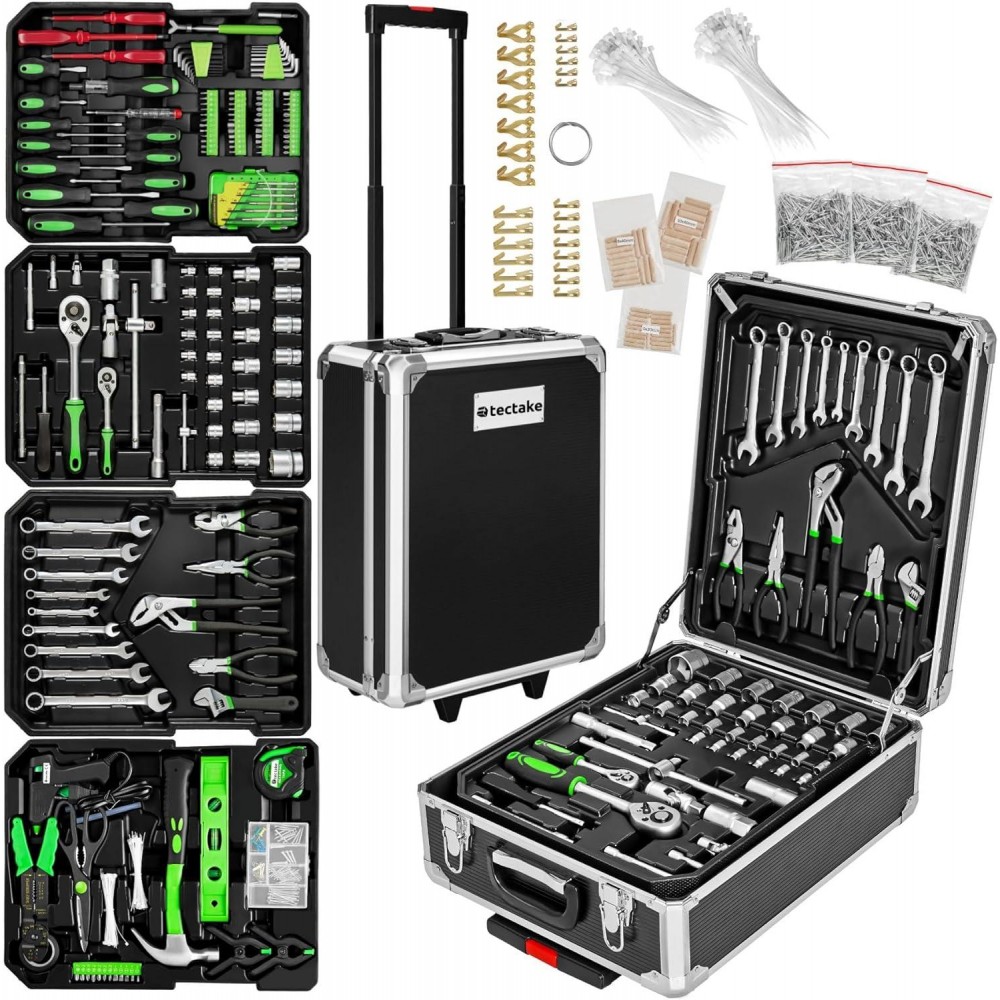 tectake Portable Tool Box Trolley, 1,200-Piece Kit, with 4 drawers & wheels. Essential DIY Tools Set, Home & Office Hand Tools, Mechanic Spanner Organiser, with Wheels - Home Improvement Starter Kit