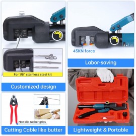 Muzata 45KN Upgraded Custom Hydraulic Hand Crimper Tool for 1/8 Stainless Steel Cable Railing Kit Hardware Wire Rope Swaging 1Pair Dies with Wire Cable Cutter CR09 CK12, CT1