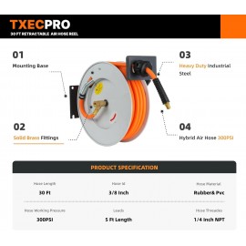 Txecpro Retractable Air Hose Reel, 3/8 IN x 30 FT Hybrid Air Hose MAX 300 PSI, Air compressor hose reel with 5 ft Lead in, Ceiling/Wall Mounted air hose, Heavy Duty air tool
