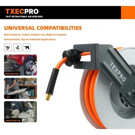 Txecpro Retractable Air Hose Reel, 3/8 IN x 30 FT Hybrid Air Hose MAX 300 PSI, Air compressor hose reel with 5 ft Lead in, Ceiling/Wall Mounted air hose, Heavy Duty air tool