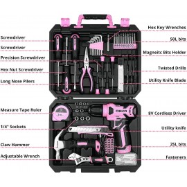DEKOPRO Drill Set: Tool Set with 8V Pink Cordless Drill, Home Tool Kit with Drill, Hand Tool Kits for Women 126 Piece