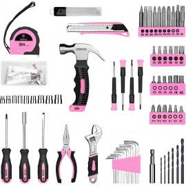 DEKOPRO Drill Set: Tool Set with 8V Pink Cordless Drill, Home Tool Kit with Drill, Hand Tool Kits for Women 126 Piece