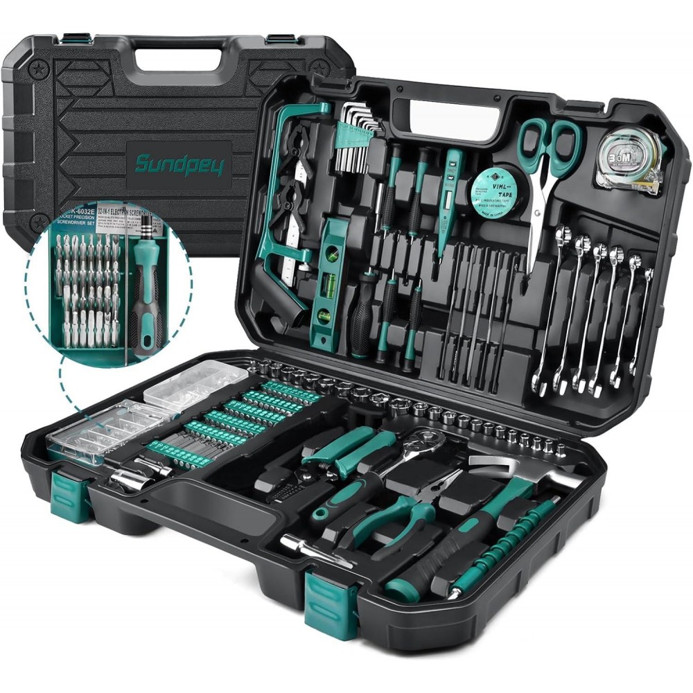 Sundpey Home Tool Kit 300-Pcs - Household Auto Repair Tool Set - Complete General Hand Tool Kits for Handyman & Precision Screwdriver Set & Wire Stripper & Metric Hex Key & Tool box Case for Men Women