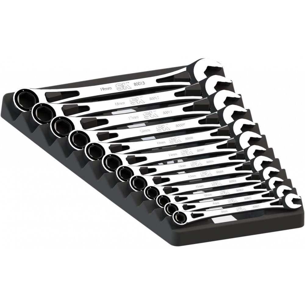 SK Hand Tool 80019 12 Piece X-Frame 6 Point Metric Fractional Combination Steel Ratcheting Wrench Set, Chrome, 1.7° Arc Swing, 216 Positions, Made in America