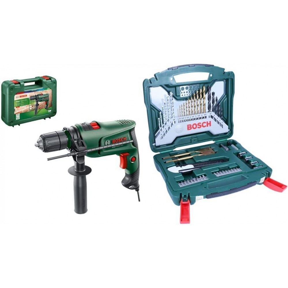 Bosch Electric Combi Drill EasyImpact 600 (600 W, in Carrying Case) & 50-Pieces X-Line Titanium Drill and Screwdriver Bit Set (for Wood, Masonry and Metal, Accessories Drills)