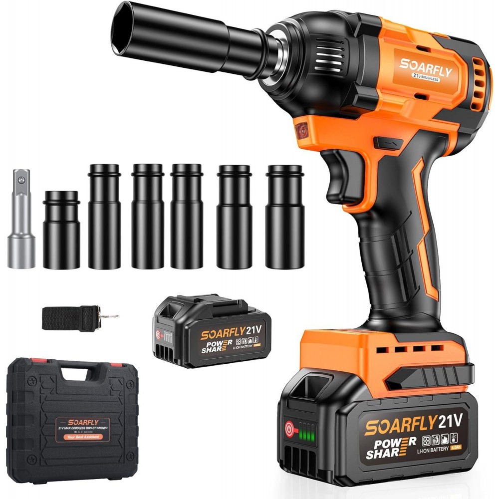 Cordless Impact Wrench, 1/2 Impact Gun, 21V Power Impact Driver, Max Torque 369ft-lbs(500N.m) Brushless Motor Electric Wrench with 4.0Ah Battery Rechargeable (500N.m)