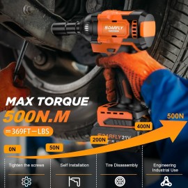 Cordless Impact Wrench, 1/2 Impact Gun, 21V Power Impact Driver, Max Torque 369ft-lbs(500N.m) Brushless Motor Electric Wrench with 4.0Ah Battery Rechargeable (500N.m)