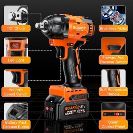 Cordless Impact Wrench, 1/2 Impact Gun, 21V Power Impact Driver, Max Torque 369ft-lbs(500N.m) Brushless Motor Electric Wrench with 4.0Ah Battery Rechargeable (500N.m)