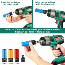Impact Wrench, 18V 4.0Ah Battery, HYCHIKA Cordless Impact Driver 350Nm, 3000IPM Impact Frequency, 3pcs Sockets for 17/19/21mm, Adapter for 10mm Mandrel
