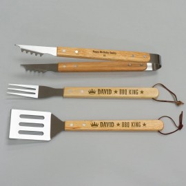 Personalised BBQ grill tool set. Custom engraved wood handle barbecue