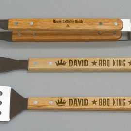 Personalised BBQ grill tool set. Custom engraved wood handle barbecue