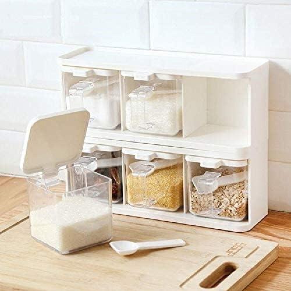 Spice Jars 3 Grids Spice Rack with Spoon Lid Container Seasoning Box H