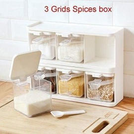 Spice Jars 3 Grids Spice Rack with Spoon Lid Container Seasoning Box H