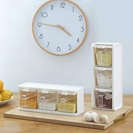 Spice Jars 3 Grids Spice Rack with Spoon Lid Container Seasoning Box H