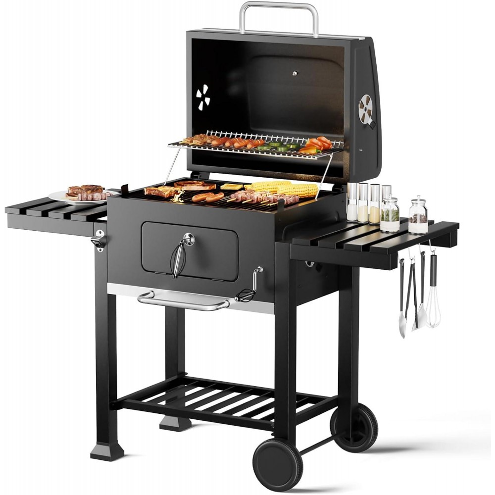 DKIEI Barbecue Grill, Portable Charcoal BBQ Grill with Wheel & 2 Foldi