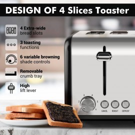 Cusimax Toaster, 4 Slices Toaster, Stainless Steel Toaster with 4 Extr