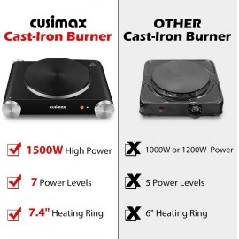 CUSIMAX Electric Hot Plate for Cooking Portable Single Burner 1500W Ca