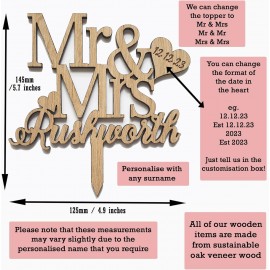 Personalised Oak Wooden Wedding/Anniversary Cake Topper/Perfect for a
