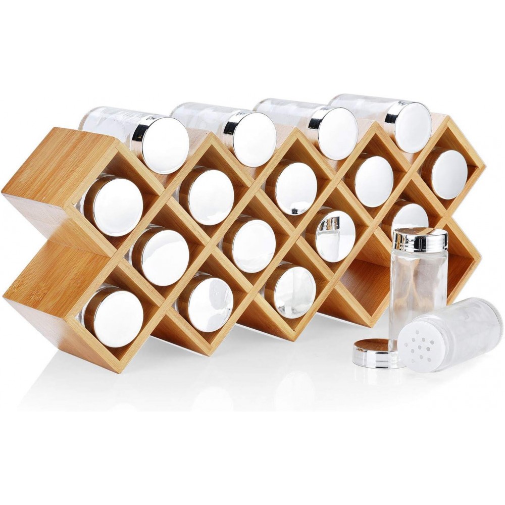 Harcas Bamboo Spice Rack with 18 Jars and Labels. Free Standing Spice