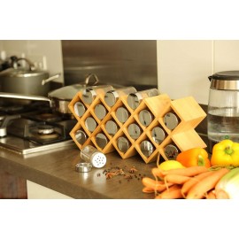 Harcas Bamboo Spice Rack with 18 Jars and Labels. Free Standing Spice