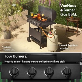 VonHaus Gas BBQ – Barbecue with x4 Gas Burners, Warming Rack, Fold Dow